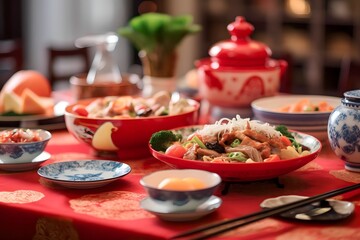 various Chinese foods on the dining table in a Chinese house during Chinese New Year celebrations