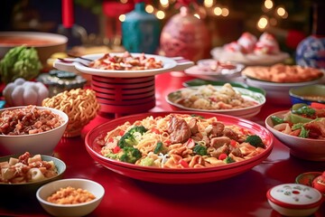 Obraz premium various Chinese foods on the dining table in a Chinese house during Chinese New Year celebrations