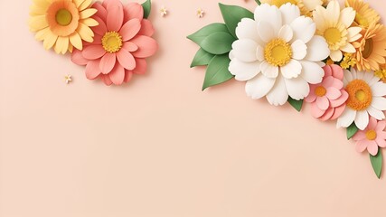 Flowers on Tan color backdrop for a banner. Copy space in a springtime composition. Flat lay design. Tan color flowers border