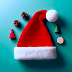 Santa's Red Cap: Festive Decorations on Cold Green Background