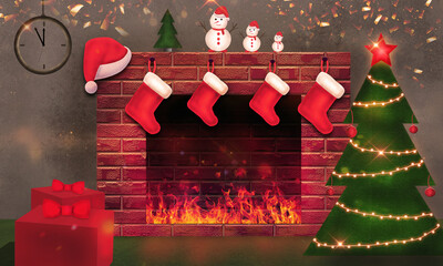 Room with fireplace on Christmas night, Christmas tree with gifts, snowman, Santa hat. Happy New Year 2024. Template for a holiday card.