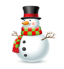 Christmas snowman with the top hat and plaid scarf. Vector illustration on white background.