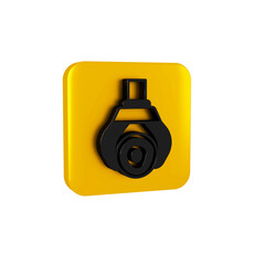 Black Grapple crane grabbed a log icon isolated on transparent background. Forest industry. Industrial crane for lumber trunk wood production. Yellow square button.