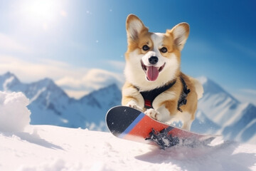 Corgi dog snowboarding in snowy mountains on winter vacation. Funny dog doing extreme sport. Travel...