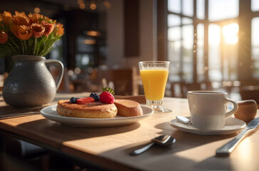 Breakfast served at home or cafe, restaurant in bright morning sunshine. Balanced diet - coffee, tea, orange juice, eggs, pastries, berries with copy space.