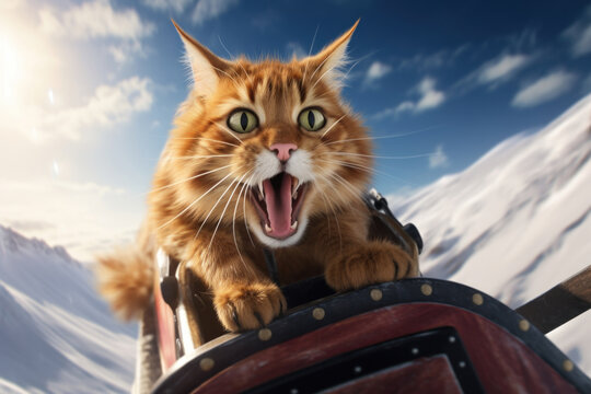 Red cat sledding down snowy mountain . Funny cat riding on sled on winter vacation doing extreme sport. Travel with pet concept