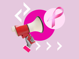 Breast cancer awareness concept. Collage with megaphone and pink ribbon.