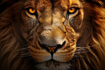 Regal Old Lion. Majestic Symmetrical Close-Up Portrait in Africas Yellow Savannah