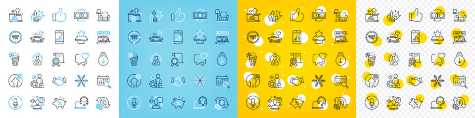 Vector icons set of No microphone, Winner podium and Chemistry lab line icons pack for web with Snowflake, Certificate, Handshake outline icon. Like, Scroll down, Ice maker pictogram. Vector - obrazy, fototapety, plakaty