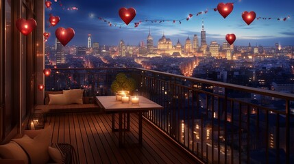 A breathtaking view of a balcony filled with heart-shaped balloons and twinkling string lights overlooking the cityscape.