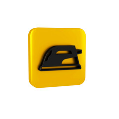 Black Electric iron icon isolated on transparent background. Steam iron. Yellow square button.
