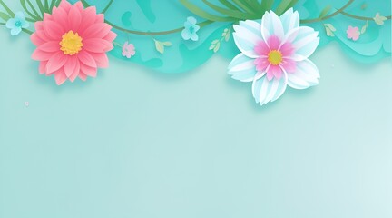 Flowers on Aqua color backdrop for a banner. Copy space in a springtime composition. Flat lay design. Aqua flowers border