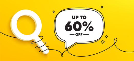 Up to 60 percent off sale. Continuous line chat banner. Discount offer price sign. Special offer symbol. Save 60 percentages. Discount tag speech bubble message. Wrapped 3d search icon. Vector