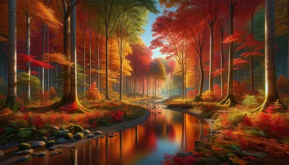 Foto auf Alu-Dibond Serene autumn forest landscape with tall trees in red, orange, and yellow, a gentle stream, and a clear blue sky © Daniel Jose Queralto