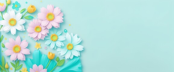 Naklejka na ściany i meble Flowers on Aqua color backdrop for a banner. Copy space in a springtime composition. Flat lay design. Aqua flowers border