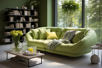 Nordic Scandinavian design in living room with couch, coffee table and book shelf at the window. Sage leave green colour and functional elements in the cozy of Scandinavian style