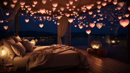 A breathtaking view of a bedroom ceiling covered in heart-shaped lights, creating a mesmerizing and romantic atmosphere. - obrazy, fototapety, plakaty