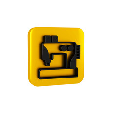 Black Sewing machine icon isolated on transparent background. Yellow square button.