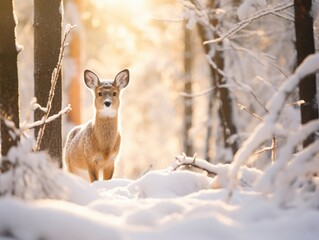Snowfall in coniferous winter frosty forest close up, morning sun rays breaking through trees with small pretty deer between them