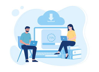 download button on the computer screen and the person transferring the file trending concept flat illustration