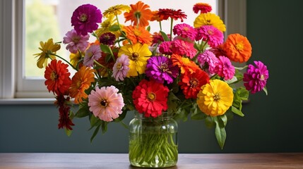 A burst of color with cheerful zinnias, arranged in a playful and vibrant composition.