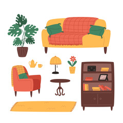 A collection of furniture and decor items for a cozy interior for the living room