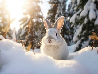 White cute bunny in snowy winter beautiful coniferous forest at sunny day