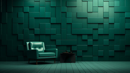 green chair in the gareen room with abstract wall