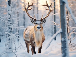 Reindeer in snowy winter beautiful coniferous forest at sundown