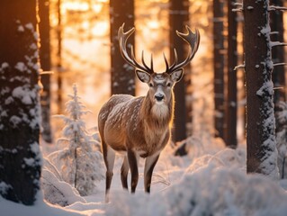 Reindeer in snowy winter beautiful coniferous forest at sundown