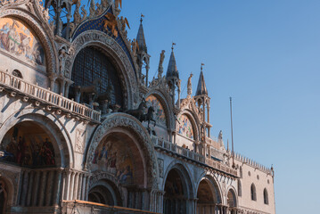 Fototapeta na wymiar Beautiful Saint Marks Basilica building in Venice, Italy. Capture the essence of this stunning city with this captivating image. St. Marks Basilica