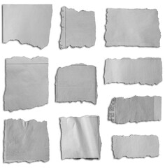 Ten pieces of torn paper on white background 
