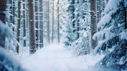 Snowy winter fairy-tale forest, close up branches under snow