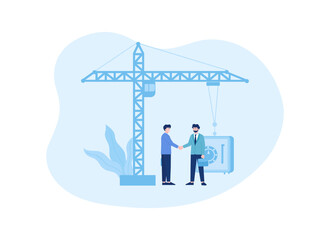 businessmen shaking hands, construction crane concept flat illustration