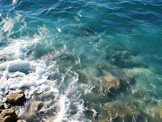 Waves on the ocean near the shoreline with rocks
