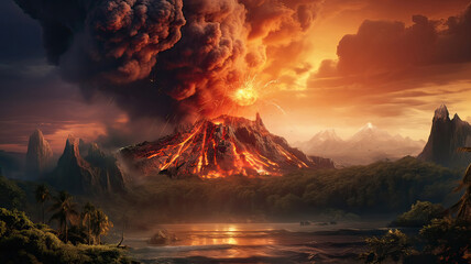 An erupting volcano in a tropical rainforest - obrazy, fototapety, plakaty