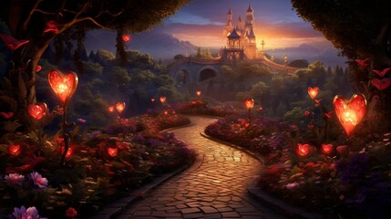 A candle-lit pathway leading to a heart-shaped garden adorned with vibrant flowers and intricate...