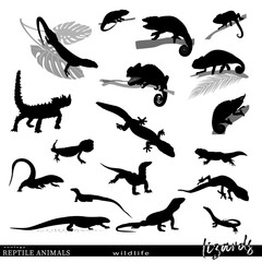 Lizard silhouettes and wildlife scenes. Vector illustration.
