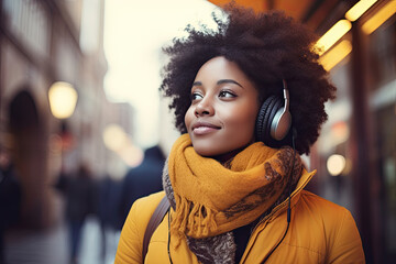 Young woman wearing black headphones enjoys music in the city.