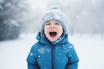 A boy enjoys the winter season by playing in the snow.