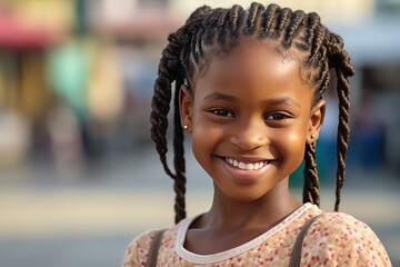 closeup portrait of young African girl wearing braids hairstyle smiling with bokeh light background, Generative Ai - obrazy, fototapety, plakaty