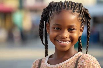 Poster Im Rahmen closeup portrait of young African girl wearing braids hairstyle smiling with bokeh light background, Generative Ai © QuietWord