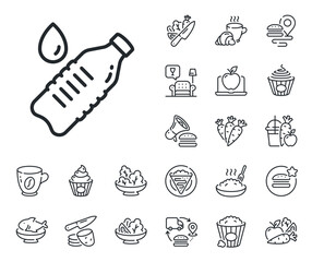 Clean aqua drink sign. Crepe, sweet popcorn and salad outline icons. Water bottle line icon. Liquid symbol. Water bottle line sign. Pasta spaghetti, fresh juice icon. Supply chain. Vector