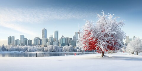  spruce tree, nestled in the heart of the city, stands adorned with a pristine layer of snow after a gentle snowfall. The urban landscape transforms into a winter haven