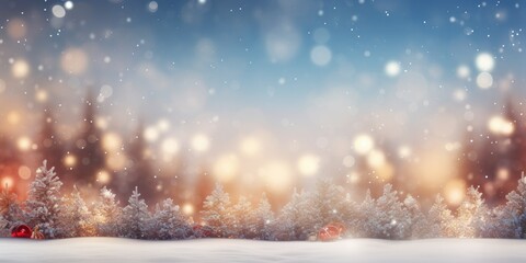 Fototapeta na wymiar festive background unfolds with snow in the foreground, glistening under the soft glow of festive lights in the background. The scene radiates holiday magic