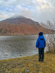 Golden autumn in the Arctic mountains beyond the Arctic Circle. A boy on the background of a beautiful lake and yellow birches. Autumn in the Khibiny Mountains.