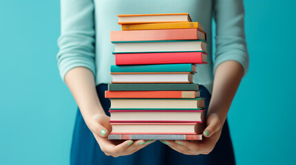 hands holding stack of books