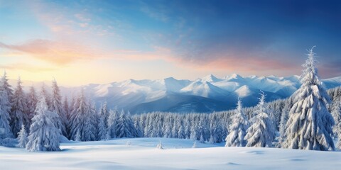Fototapeta na wymiar Behold a breathtaking winter landscape where snow-covered fir trees stand proudly against a backdrop of frozen trees atop a frosty mountain. The scene captures the majestic beauty of winter,