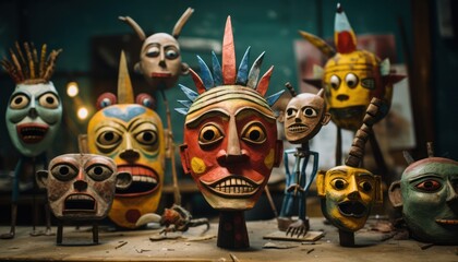A Collection of Colorful Masks Creating a Vibrant Display on a Wooden Table