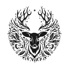 Poster with natural ornament, deer, moose with horns, antlers. Plant elements, twigs, leaves. Vector illustration for typography. Print to sticker, banner, tattoo design, flyer, web, advertising